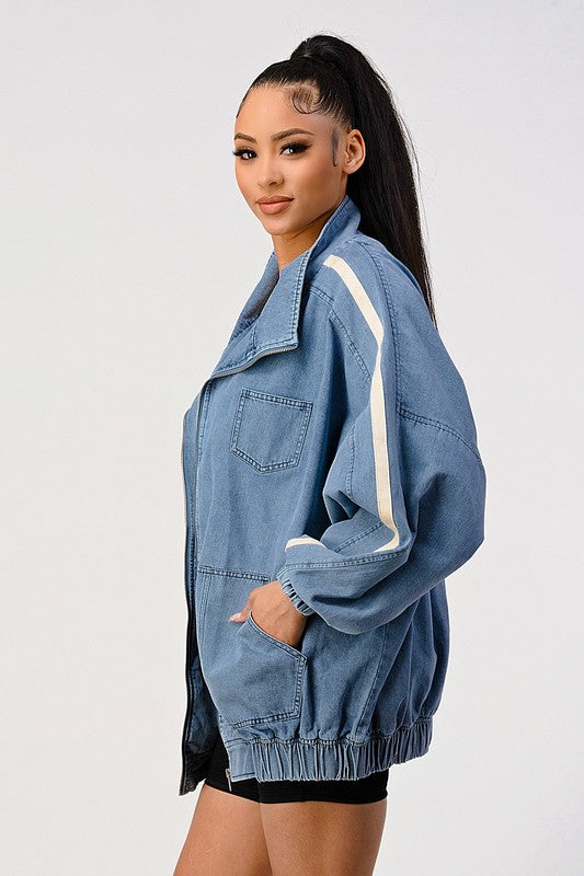 Casual Loose Fit Denim Stripe Jacket