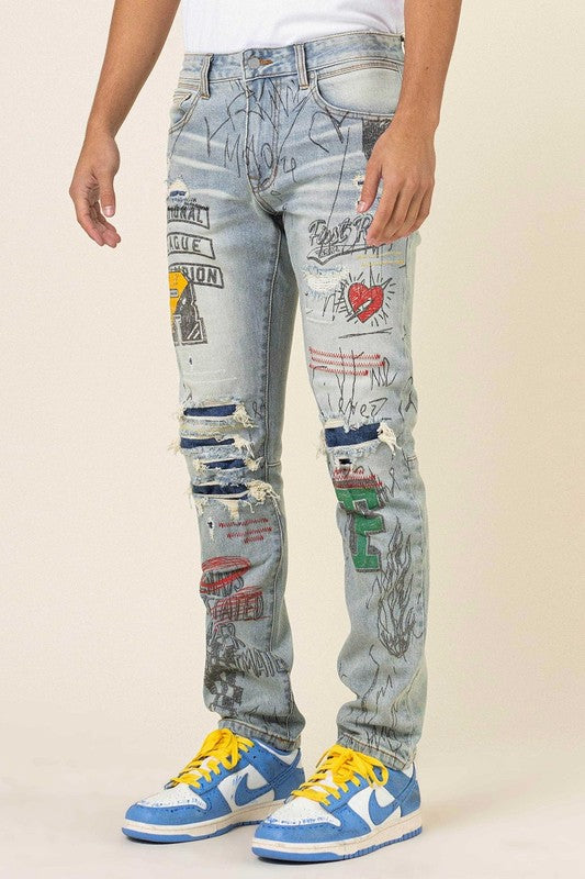 All Over Doodling Slim Fit Denim