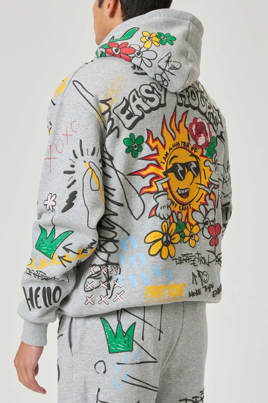 All over Hand Drawing & Chenille Patch Hoodie