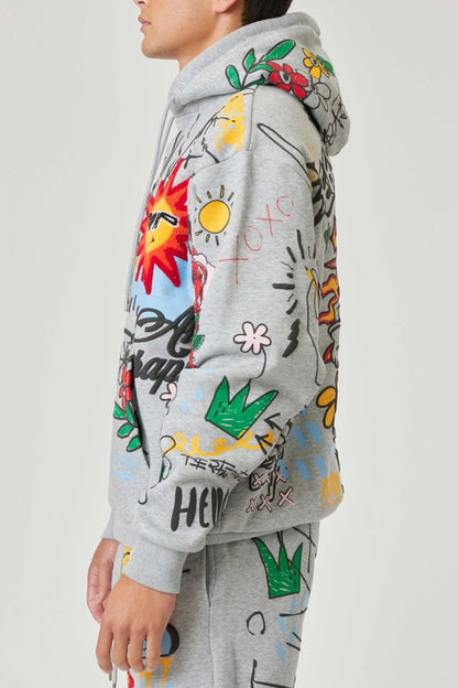 All over Hand Drawing & Chenille Patch Hoodie