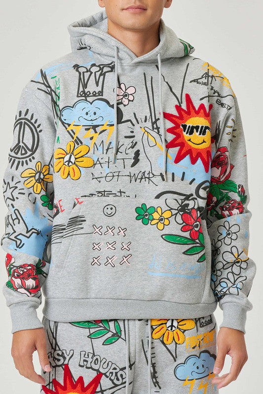 All over Hand Drawing & Chenille Patch Hoodie