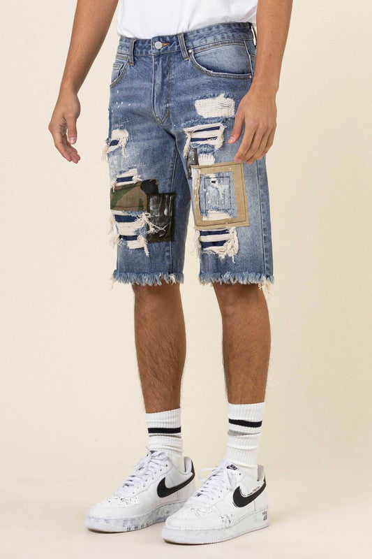 Camo & Twill Patched Rip 7 Repaired Denim Shorts