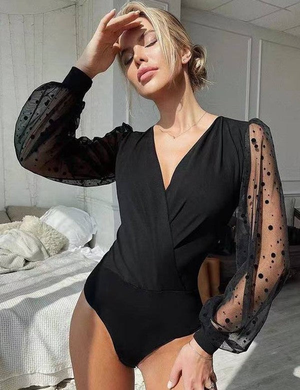 Polka Dot Mesh V Neck Bodysuit