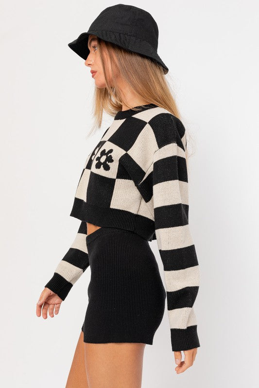 Checker Long Sleeve Crop Sweater
