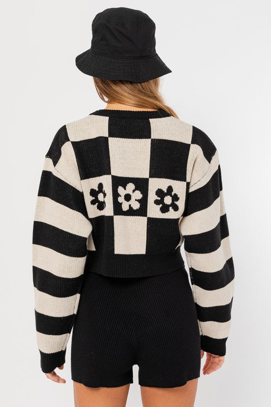 Checker Long Sleeve Crop Sweater