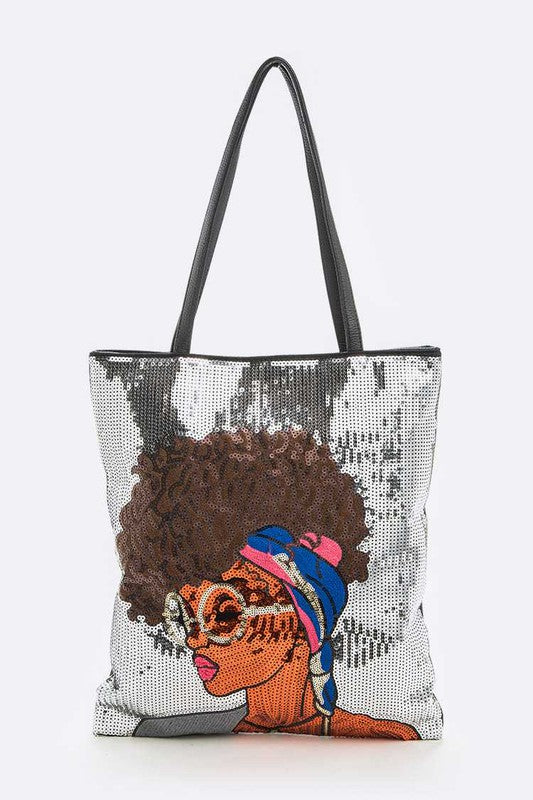 Fav Glasses Girl Sequins Large Tote Bag