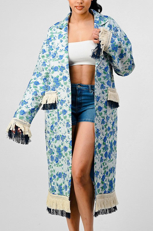 Floral Print Tassle Trench Coat