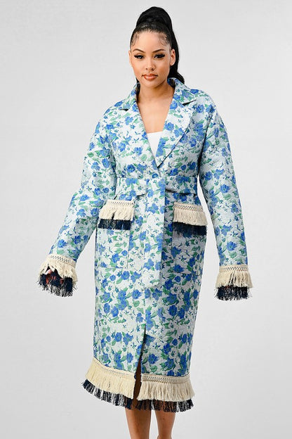 Floral Print Tassle Trench Coat