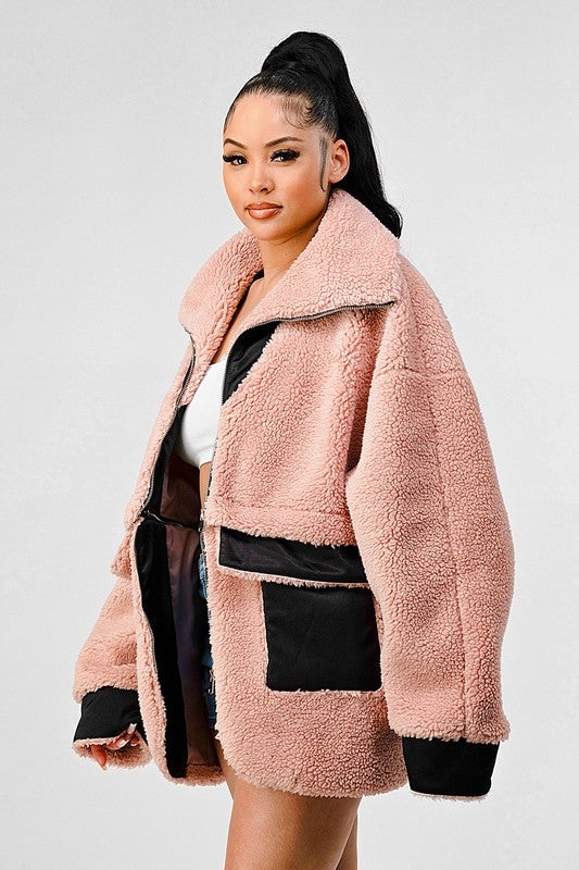 Teddy Season Oversized Sherpa Contrast Jacket