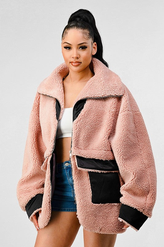 Teddy Season Oversized Sherpa Contrast Jacket