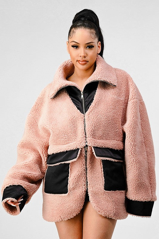 Teddy Season Oversized Sherpa Contrast Jacket