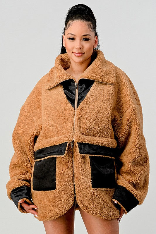 Teddy Season Oversized Sherpa Contrast Jacket