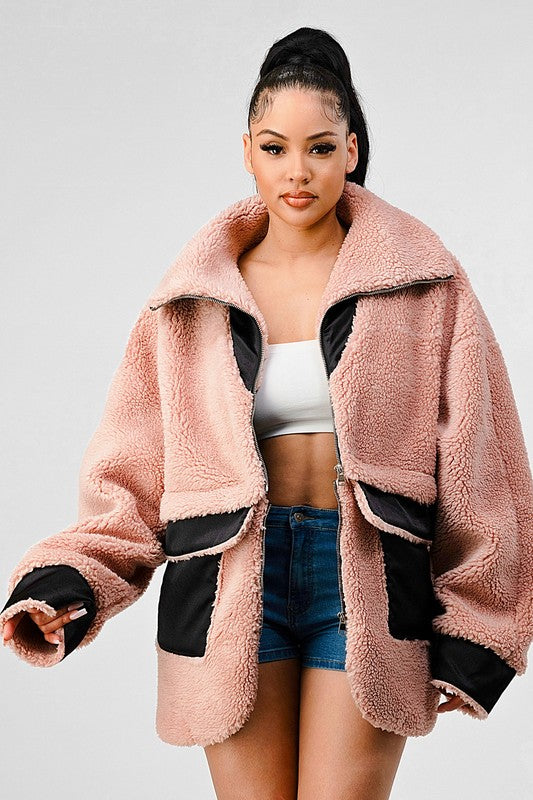 Teddy Season Oversized Sherpa Contrast Jacket