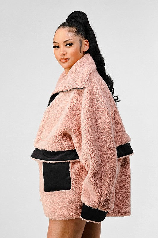 Teddy Season Oversized Sherpa Contrast Jacket