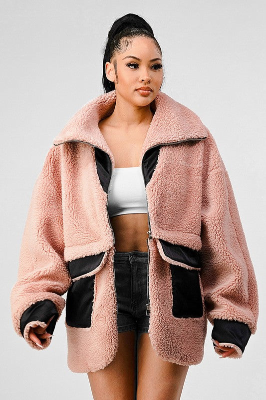 Teddy Season Oversized Sherpa Contrast Jacket