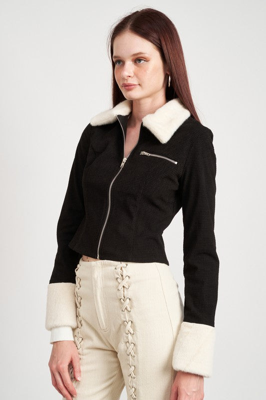 Contrasted Collard And Cuff Crop Jacket