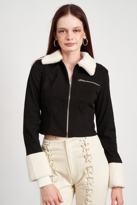 Contrasted Collard And Cuff Crop Jacket