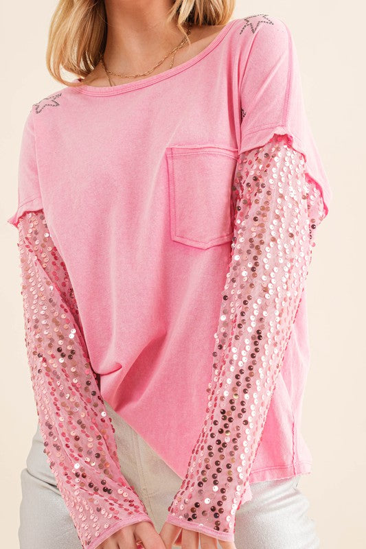 Star Printed Shoulder Sequin SLV Top