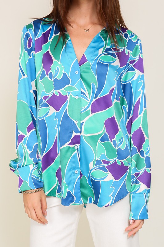 Retro Print Satin Blouse