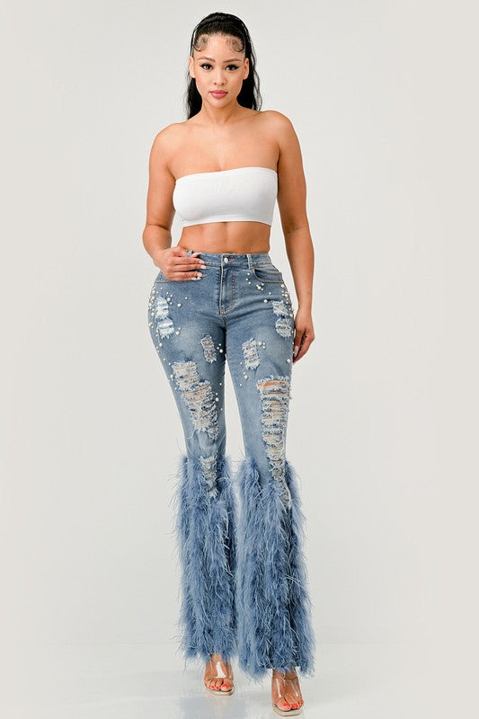 Off Limits Distressed Pearl Feather Jeans