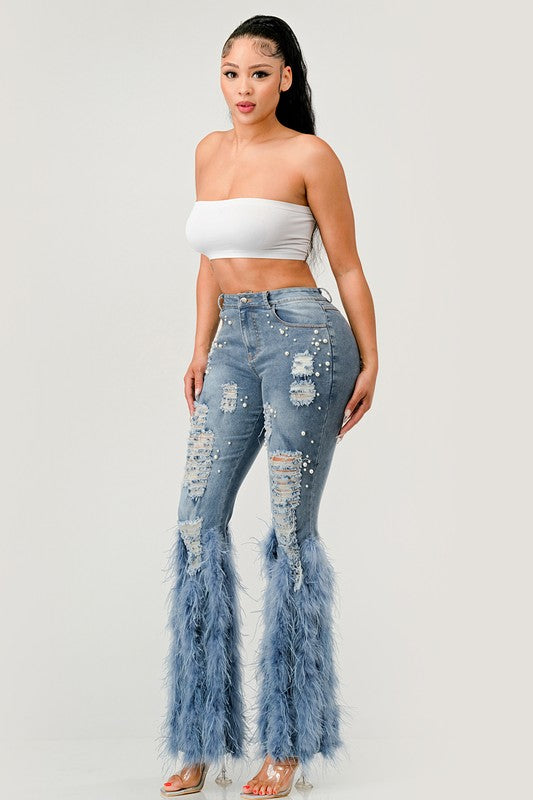 Off Limits Distressed Pearl Feather Jeans