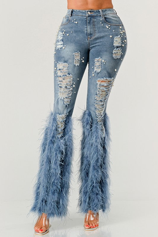 Off Limits Distressed Pearl Feather Jeans