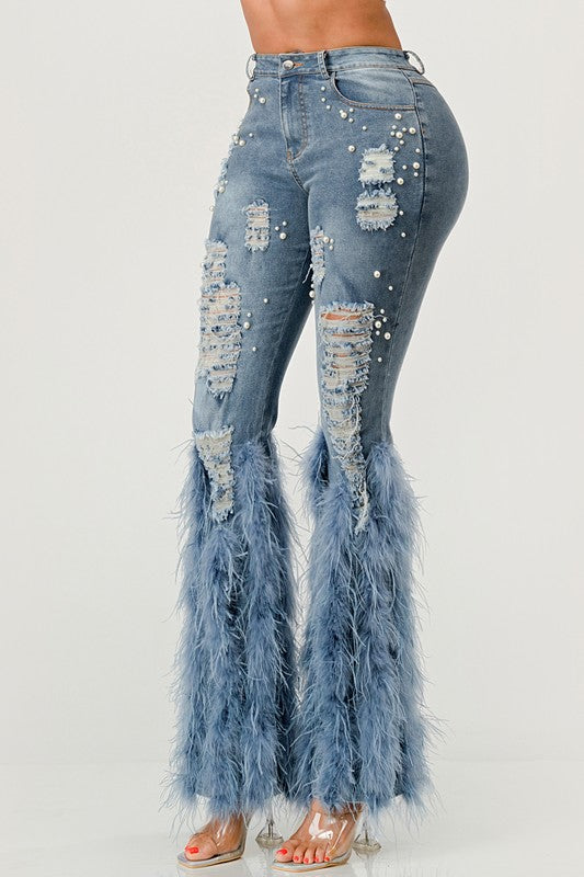 Off Limits Distressed Pearl Feather Jeans