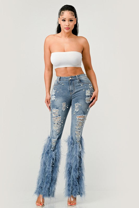 Off Limits Distressed Pearl Feather Jeans