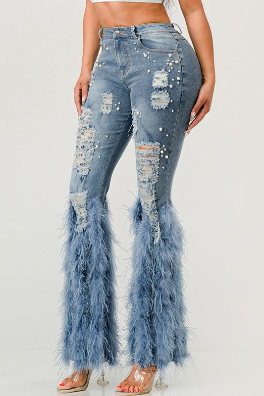 Off Limits Distressed Pearl Feather Jeans