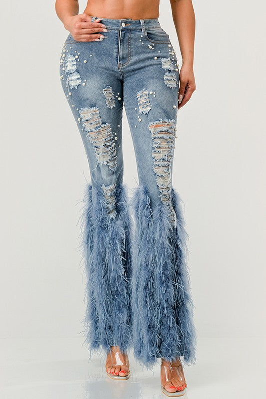 Off Limits Distressed Pearl Feather Jeans