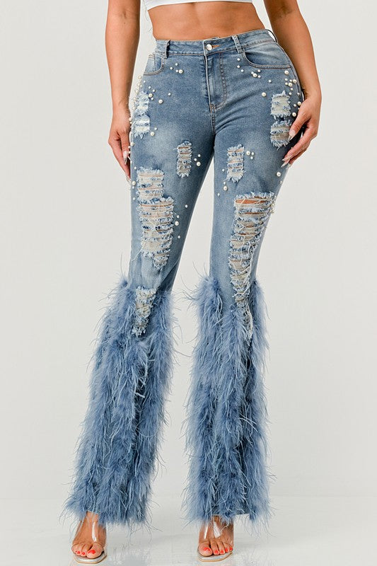 Off Limits Distressed Pearl Feather Jeans