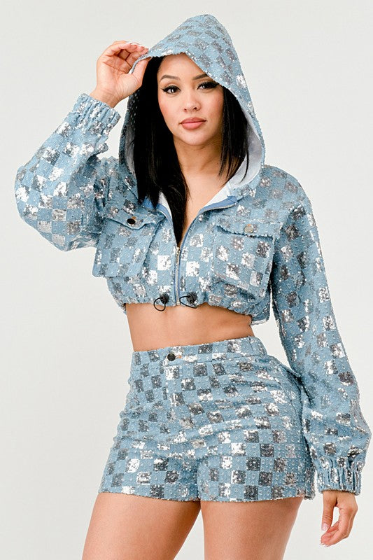 Glitz & Denim Sequin Hoodie Set