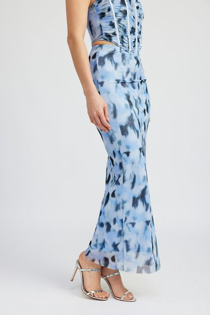 Printed Mesh Maxi Skirt