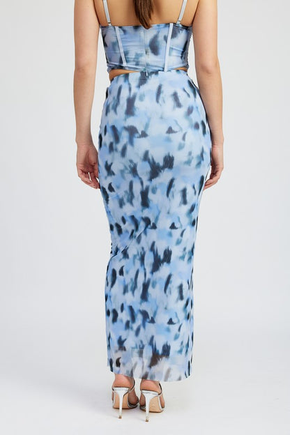 Printed Mesh Maxi Skirt