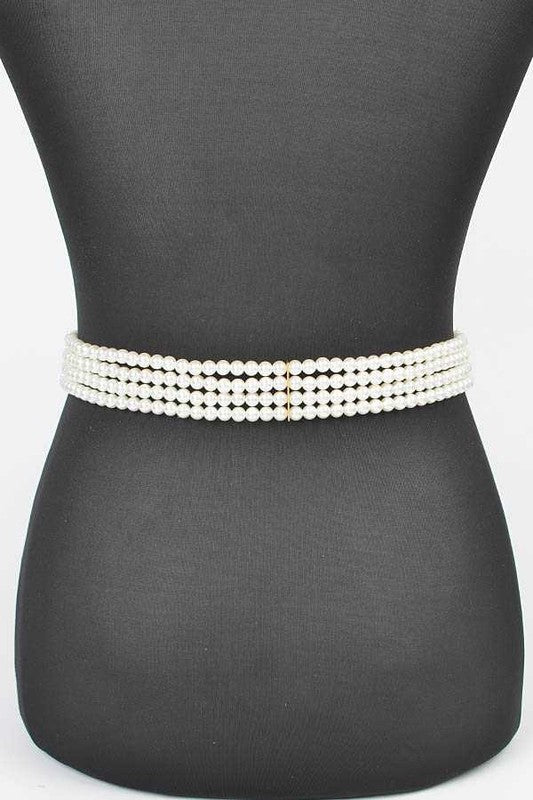 Oversize Satin Flower Pearl Strand Elastic Belt