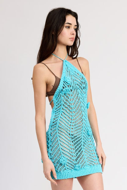 Halter Neck Crochet Dress With Flower Detail