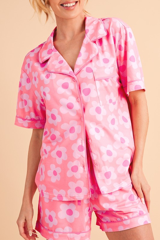 Flower Short Sleeve Shirt Pajamas Set