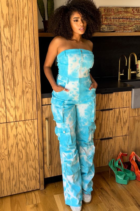 Blue Tie Dye Strapless Utility Jumpsuit.