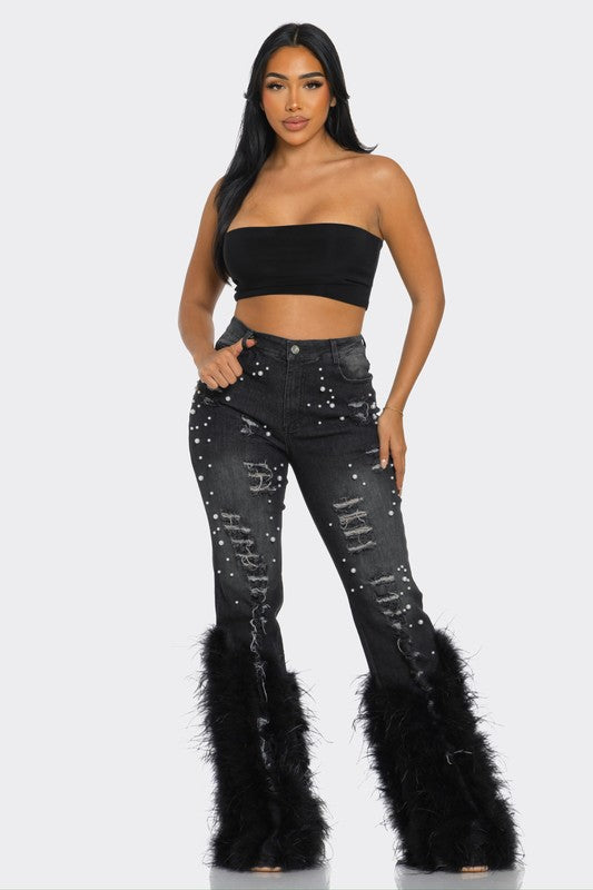 Off Limits Distressed Pearl Feather Jeans