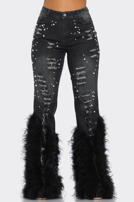 Off Limits Distressed Pearl Feather Jeans