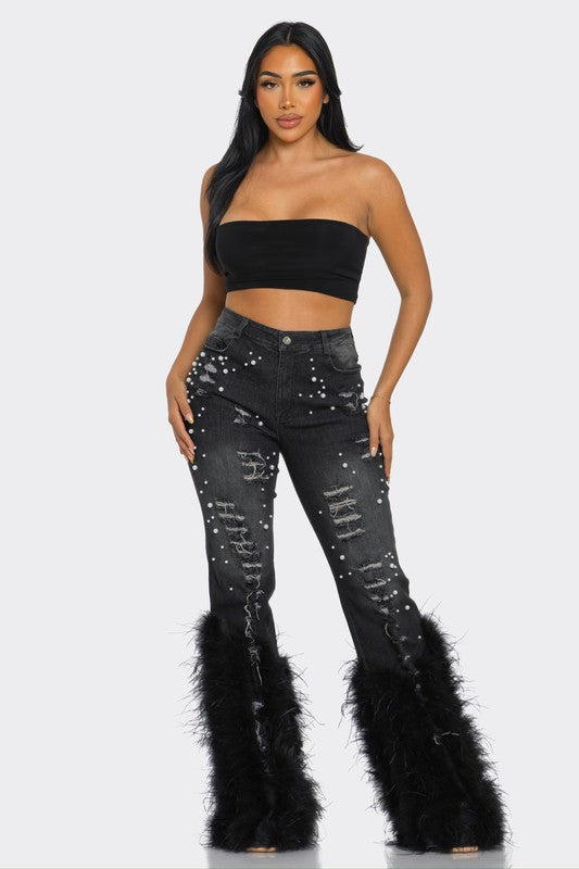 Off Limits Distressed Pearl Feather Jeans