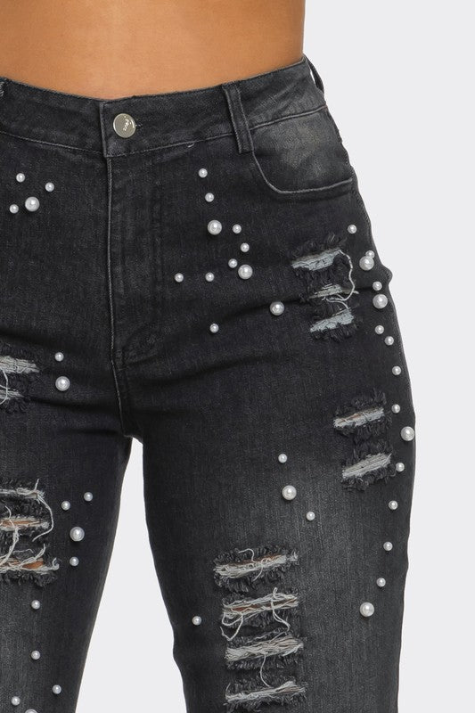 Off Limits Distressed Pearl Feather Jeans