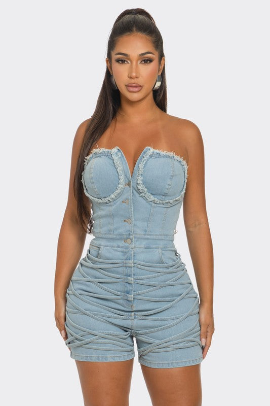 Sudden Silence Frayed Edge Denim Corset Romper