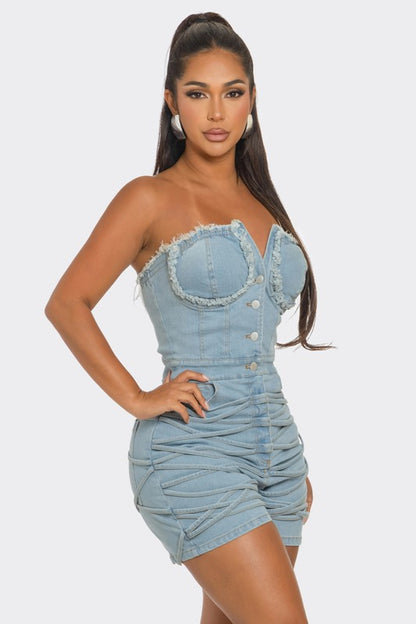 Sudden Silence Frayed Edge Denim Corset Romper