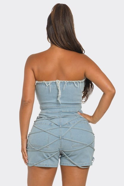 Sudden Silence Frayed Edge Denim Corset Romper