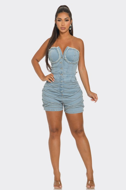 Sudden Silence Frayed Edge Denim Corset Romper