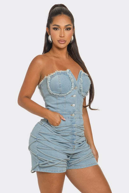 Sudden Silence Frayed Edge Denim Corset Romper