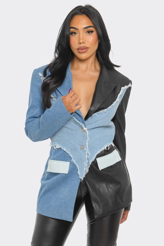 Edgy Denim Leather Patchwork Blazer