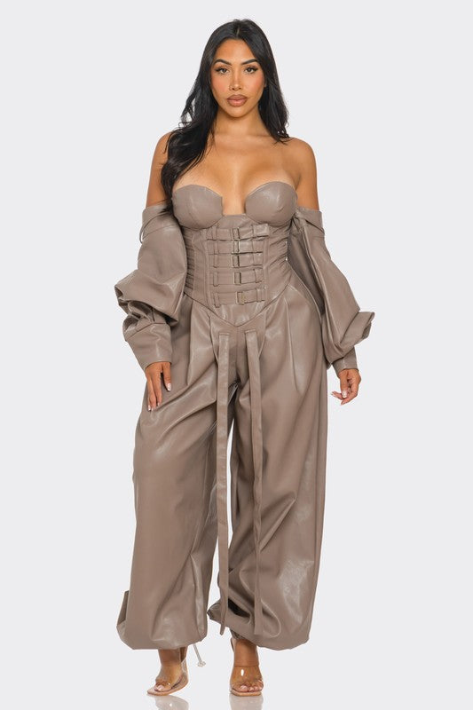 Dare Me Strapless Faux Leather Corset Jumpsuit