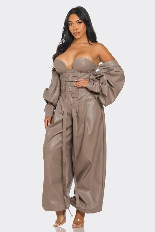 Dare Me Strapless Faux Leather Corset Jumpsuit